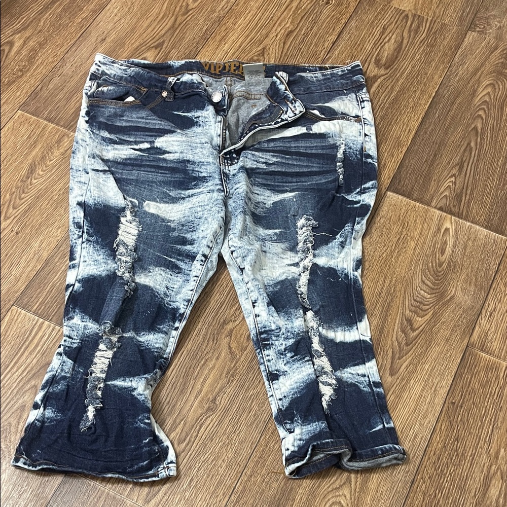 VIP Black and White Distressed Cropped Jeans